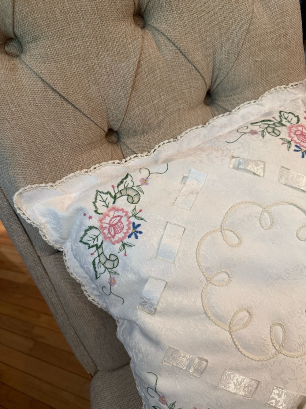 VTGEmbroidered Floral Lace Throw Pillow - White with Pink Roses - Picture 2 of 7